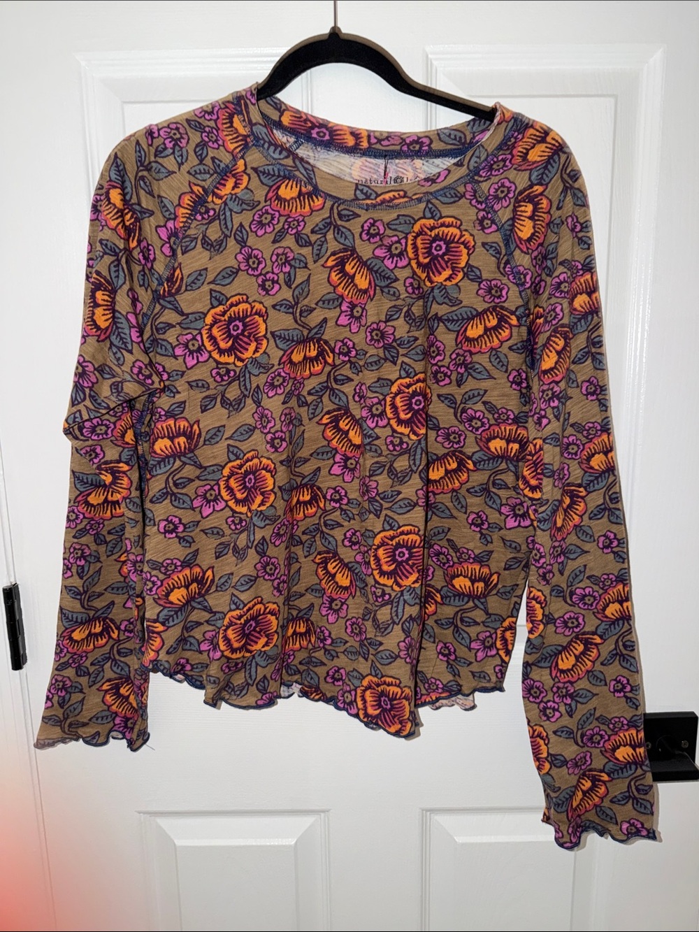 NATURAL LIFE Brown Floral Long Sleeve Top with Orange & Purple Flowers